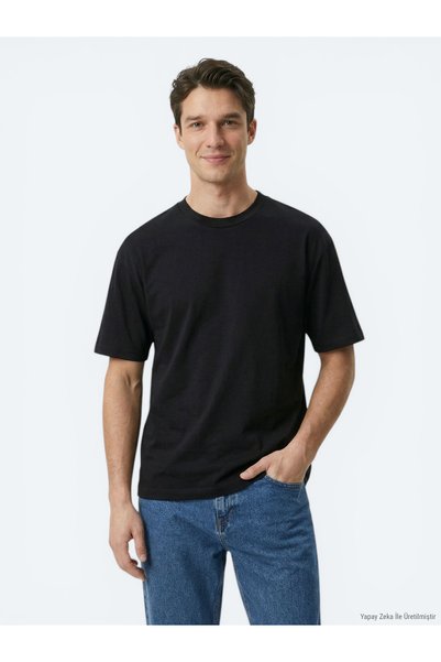 Kip Siyah Düz %100 Pamuk T-Shirt