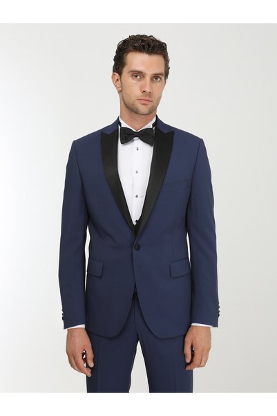 Kip Saks Düz Slim Fit Demonte Yaka Dokuma Yelekli Smokin Takım Elbise