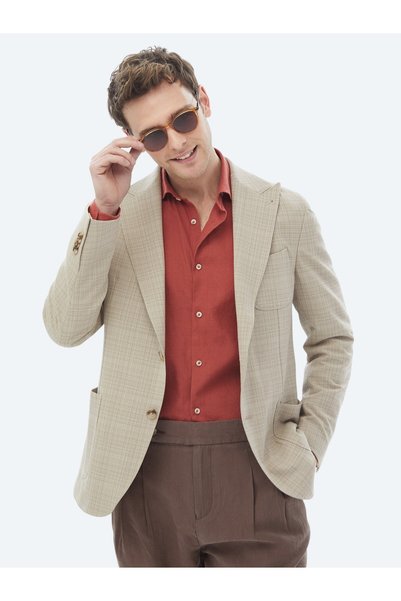 Kip Mink Checkered Modern Fit Wool Blend Jacket