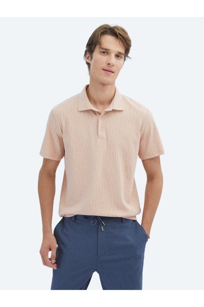 Kip Salmon Patterned Polo Neck Cotton Blend T-Shirt