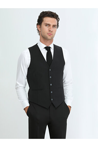 Kip Siyah Slim Fit Klasik Dokuma Yelek