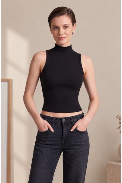 Schwalbex Kadın Siyah Balıkçı Yaka Fitted Crop Fitilli Esnek Örme Atlet - AYD...
