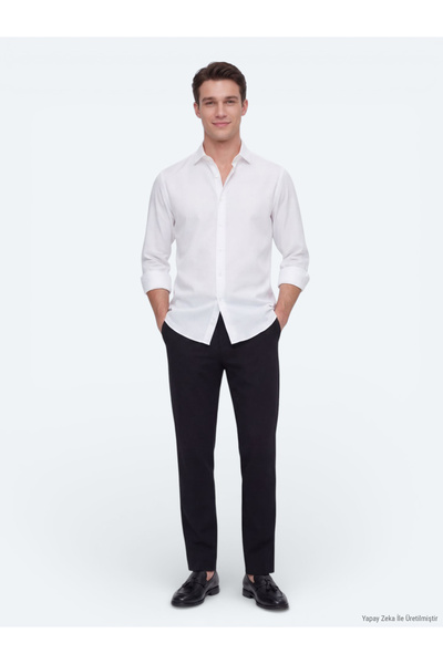 Kip White Plain Regular Fit Long Woven Casual Shirt