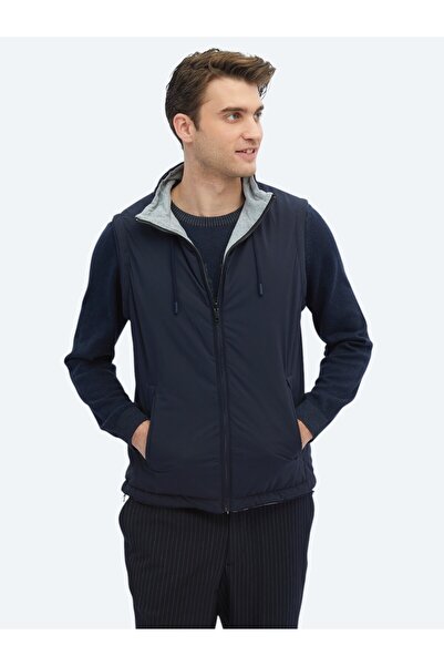 Kip Navy Blue Regular Fit Stand Collar Casual Woven Sports Vest