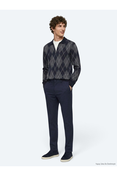 Kip Navy Blue Technical Casual Cotton Blend Trousers