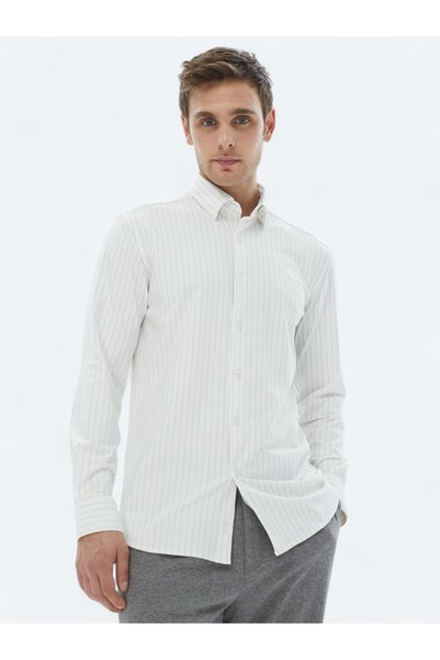 Kip White Striped Regular Fit Long Casual Shirt