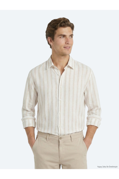 Kip Açık Bej Çizgili Oversize Fit Uzun Dokuma Casual Keten Karışımlı Gömlek