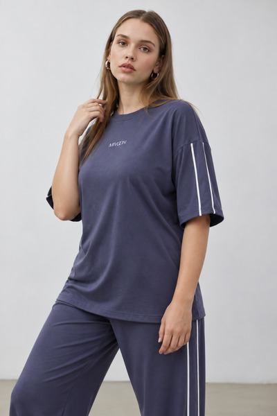 Mivoon Oşho Modal Fabric Short Sleeve Double Piping Detailed Bottom and Top Set 2Xl-6Xl