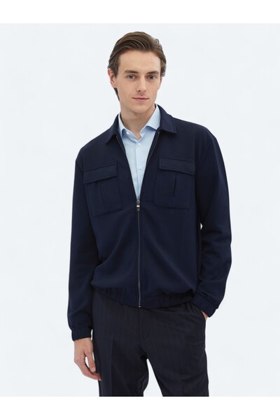 Kip Navy Blue Plain Regular Fit Overshirt