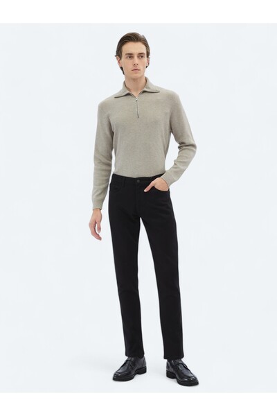 Kip Black Woven Slim Fit Casual Cotton Blend Trousers