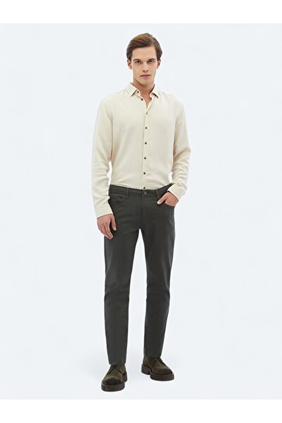 Kip Haki Dokuma Slim Fit Casual Pamuk Karışımlı Pantolon