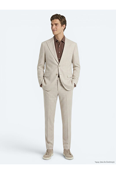 Kip Beige Patterned Modern Fit Wool Blend Suit