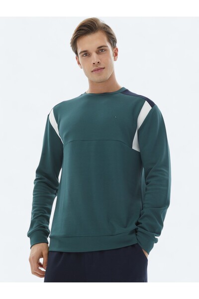 Kip Yeşil Bisiklet Yaka Düz Sweatshirt