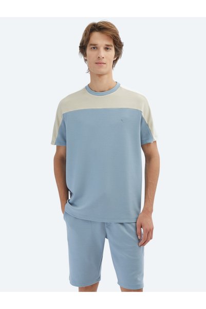 Kip Mavi Düz Bisiklet Yaka T-Shirt