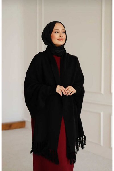 Giyim Gezegeni Women's Black Hijab with Tassels on the End, Knitted Shawl Poncho, Princess Model, Knitted Shoulder Shawl Poncho, Hijab Tunic