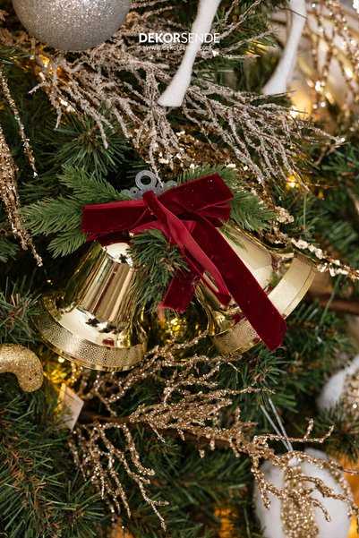 Dekorsende Christmas Ornament Burgundy Velvet Ribbon Double Bell Gold 20 cm