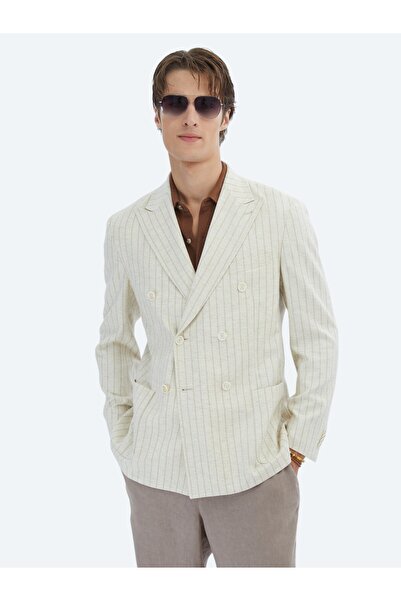 Kip Beige Striped Modern Fit Linen Blend Jacket