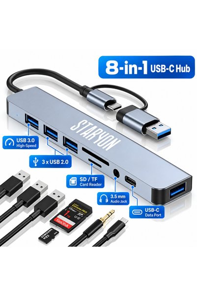 Staryon Hub USB-C 8 în 1 Staryon, Adaptor Multiport USB-A/Type-C, 1x USB 3.0,...
