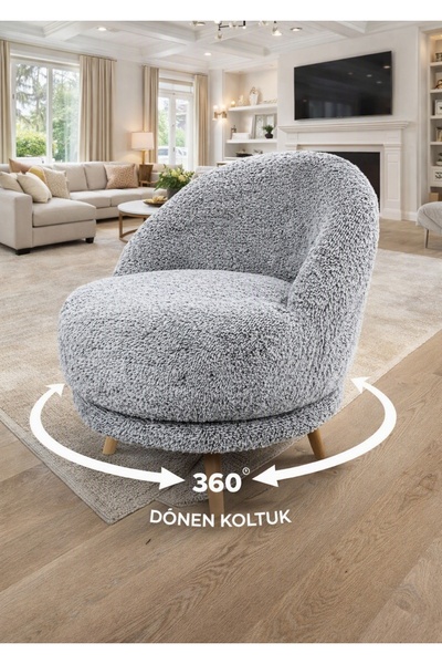 BEYLERBEYİ 360 derece döner berjer, gri renkli peluş kumaş, tekli koltuk, mek...