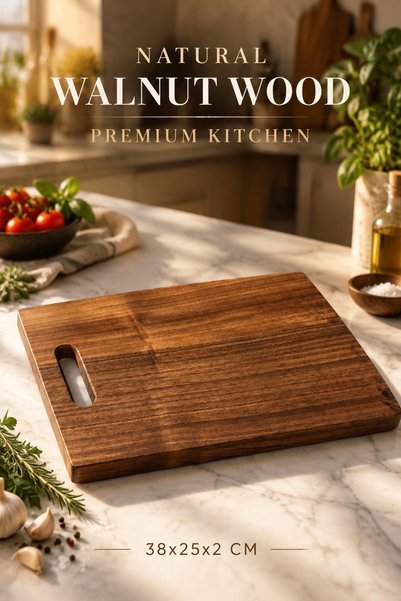 HİCOWOOD Doğal Ceviz Kesme Tahtası -38x25x2 cm- Lazerle Ücretsiz İsim/Söz Yazılır