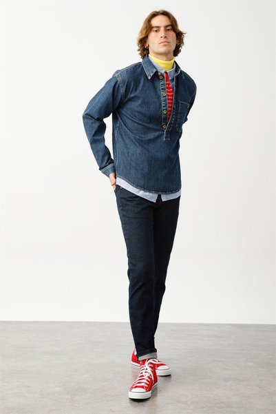 Denim Trip WILLIAM Regular Fit Yarım Pat Koyu İndigo Erkek Jean Gömlek