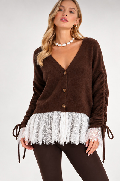semela Women's Soft Yarn Lace Detail V-Neck Knitwear Cardigan