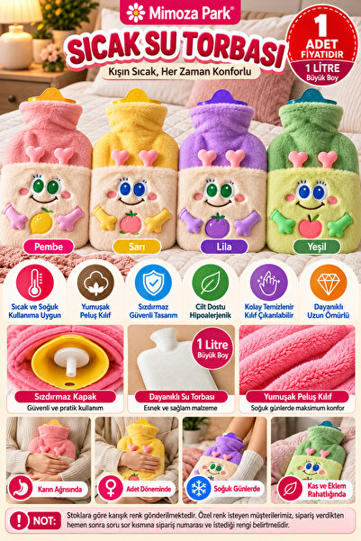 MİMOZA PARK 1 Litre Peluş Kılıflı Emojili Sıcak Su Torbası Cepli Termofor