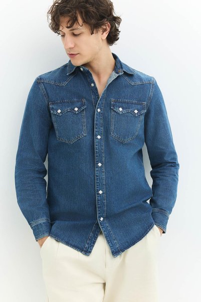 Denim Trip Klasik Western Regular Fit Orta İndigo Erkek Jean Gömlek