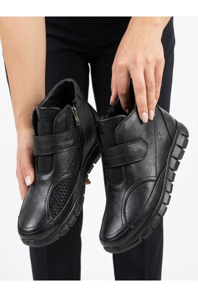 Tamdabu Ayakkabı Genuine Leather Black Orthopedic Women's Boots with Special Comfort for Bone Protrusions, Velcro and Side Zipper