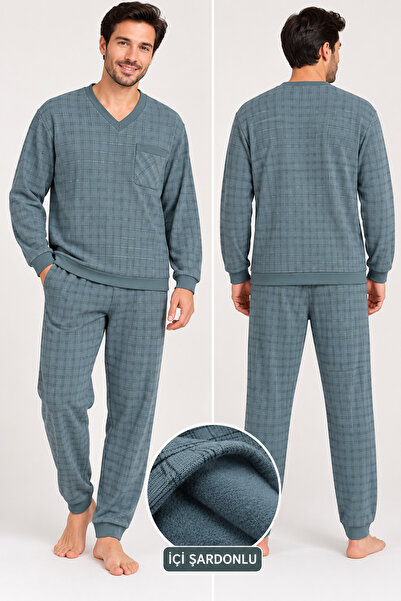 AYSUN TEKSTİL Men's Large Size V-Neck Footed and Cuffed Sleeves Pajama Set 90...