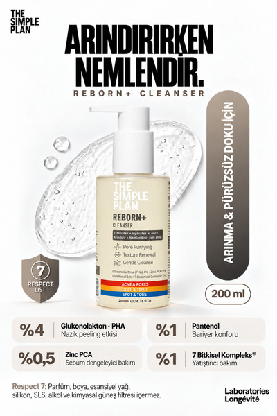 The Simple Plan Reborn Cleanser – Yağlı ve Karma Ciltler İçin PHA + Zinc PCA + Panthenol Jel Yüz Temizleyici 200 ml