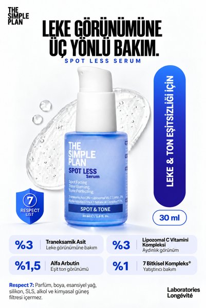 The Simple Plan Spot Less Serum – Leke ve Ton Eşitsizliği İçin Tranexamic Acid + Alpha-Arbutin + Niacinamide Serum 30 ml