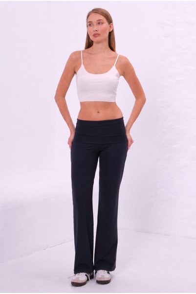 COTTONLAB Navy Blue Folded Waist Elastic Flare Spanish Leg Pants, Waist Folde...