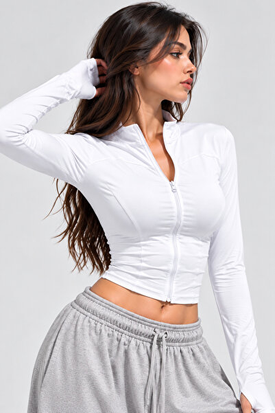 EDVESS Slim Fit Zippered Long Sleeve White Blouse