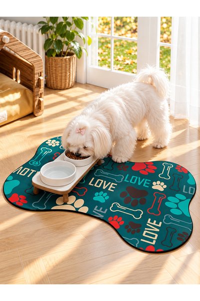 NazLand Pati Love Bone-Shaped Non-Slip Dog Food and Water Bowl Mat – Colorful 40*60cm