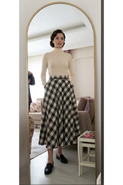 Dagü Design Women's Hijab Plaid Patterned Brown Checkered Long Skirt