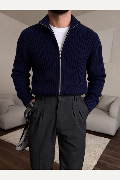 perasttesktil Men's Thick Ribbed Knitwear Zippered Stand Collar Cardigan
