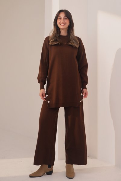 Balenbi Women's Knitwear Fabric Button Detailed 2-Piece Knitwear Set 8576 Brown