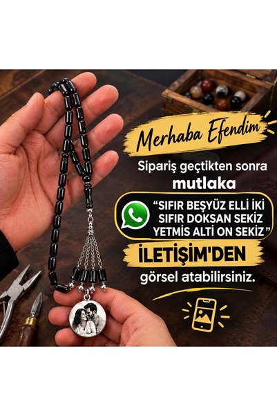 Doğaltaş Kişiye Özel Resim Kazıma Tesbih Siyah Erkeklere Özel