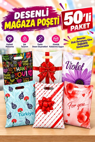 YOK YOK AMBALAJ Renkli Takviyeli Mağaza Poşeti (No:6) 60x70 cm 50’li Paket Ma...