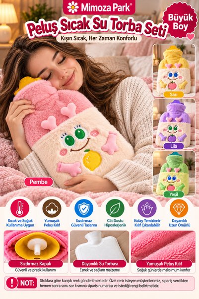 MİMOZA PARK 2 Litre Peluş Kılıflı Emojili Sıcak Su Torbası Cepli Termofor
