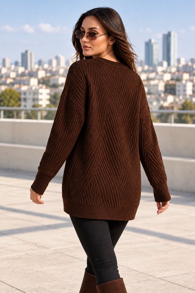 MADAM LİONESS Pulover tricotat maro oversize pentru femei – Decolteu rotund, croială lejeră