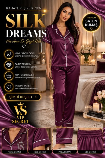 VİP SECRET Silky Satin Short Sleeved Women's Pajama Set with Stone Accents