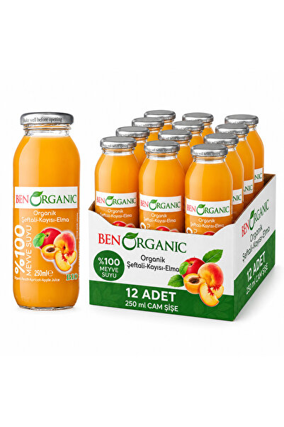 Benorganic Organik Meyve Suyu Şeftali-Elma-Kayısı Cam Şişe 250 Ml x 12