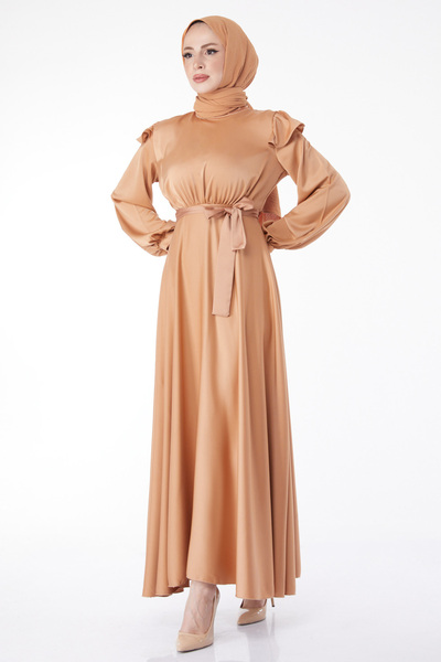 TOFİSA Princess Sleeve Evening Dress Mink - 24887-Vizon