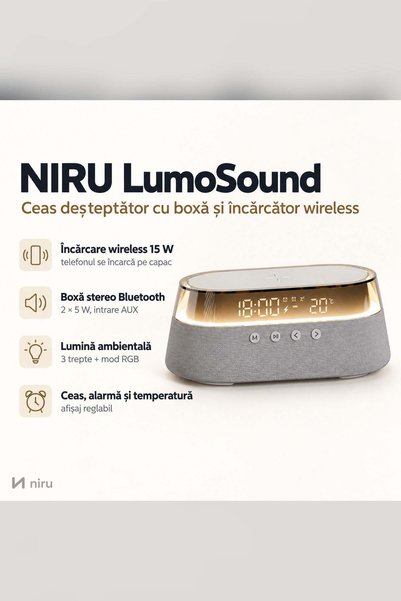 Niru Ceas deșteptător cu boxă și încărcător wireless – LumoSound - Gri deschis