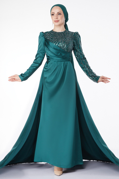 TOFİSA Sequined Back-Tailed Evening Dress Emerald - 24884-Zumrut