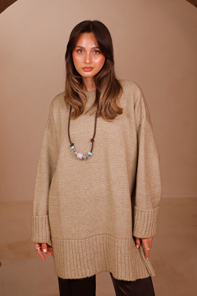 Balenbi Women's Crew Neck Loose Cut Basic Soft Knitwear Tunic 8560 Mink