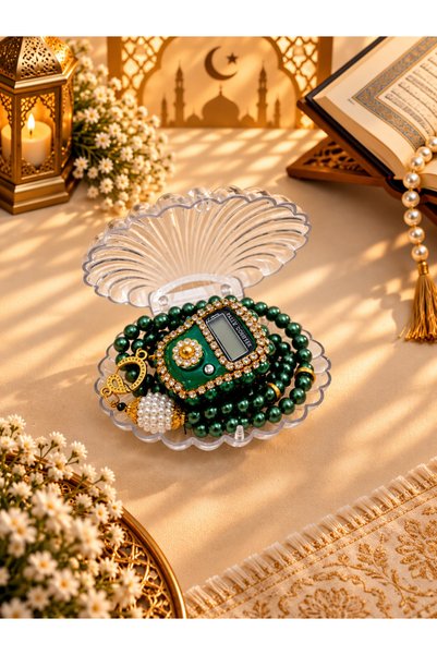 LenaToptan Green stone zikimatic and pearl tasbih set in oyster box