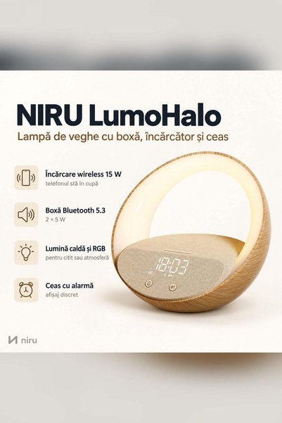 Niru Lampă de veghe cu boxă, încărcător wireless și ceas – LumoHalo